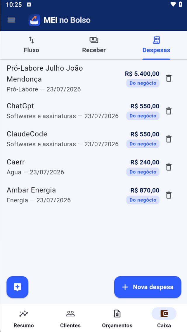 Despesas classificadas do negócio