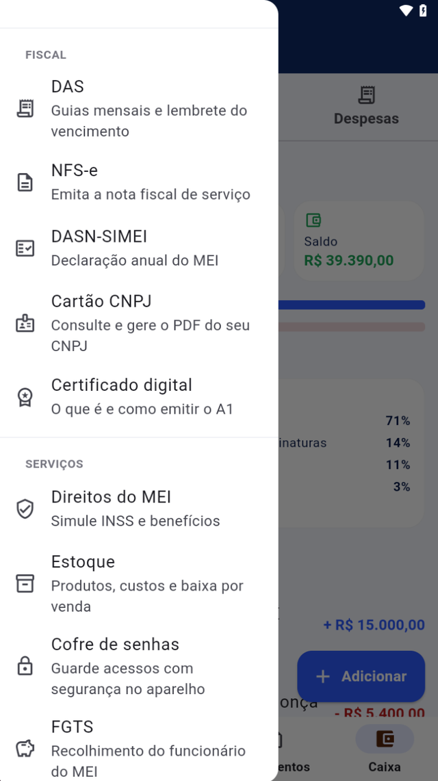 Menu de recursos fiscais e serviços